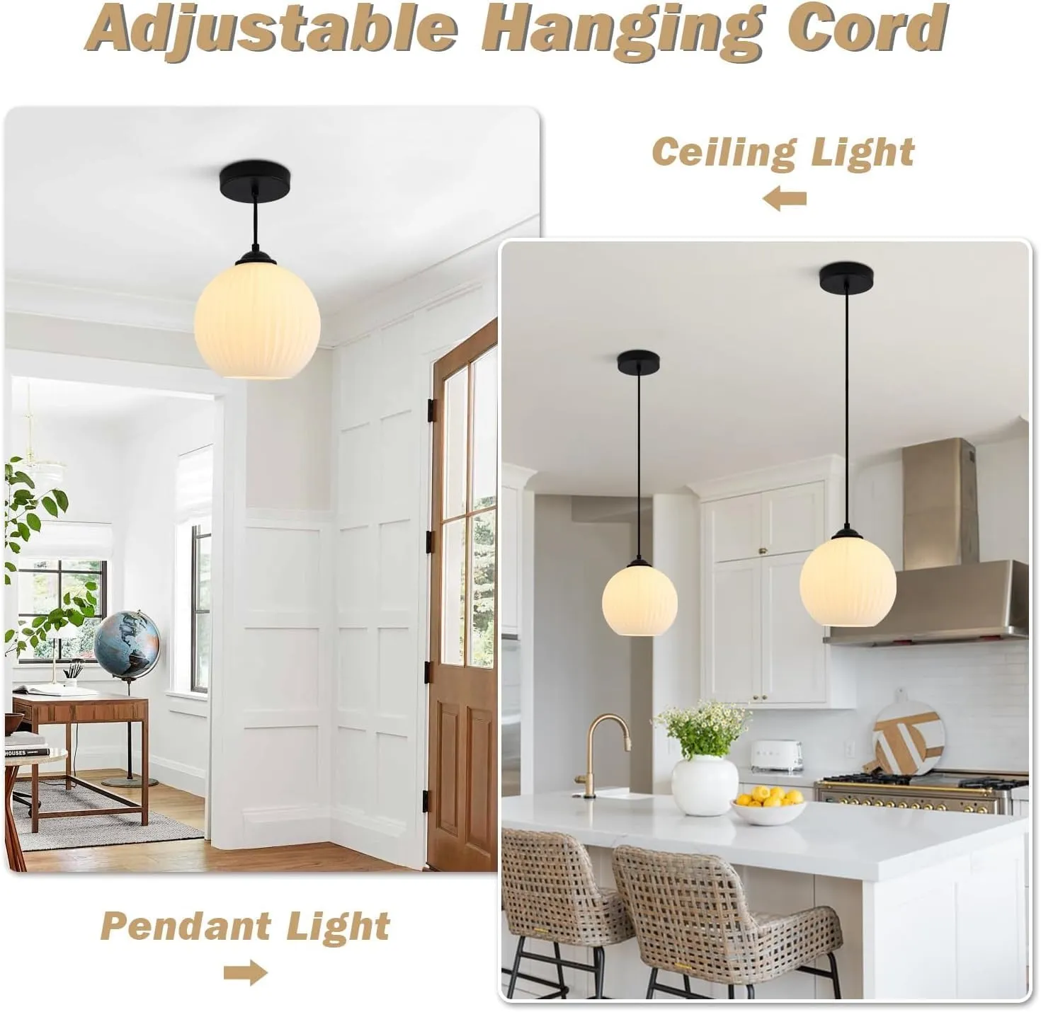 KCO Lighting Milk Glass Globe Pendant Lights Kitchen Island Industrial Vintage Ribbed Pendant Light Black Ceiling Hanging Light Fixture White Globe Pendant Light Fixture