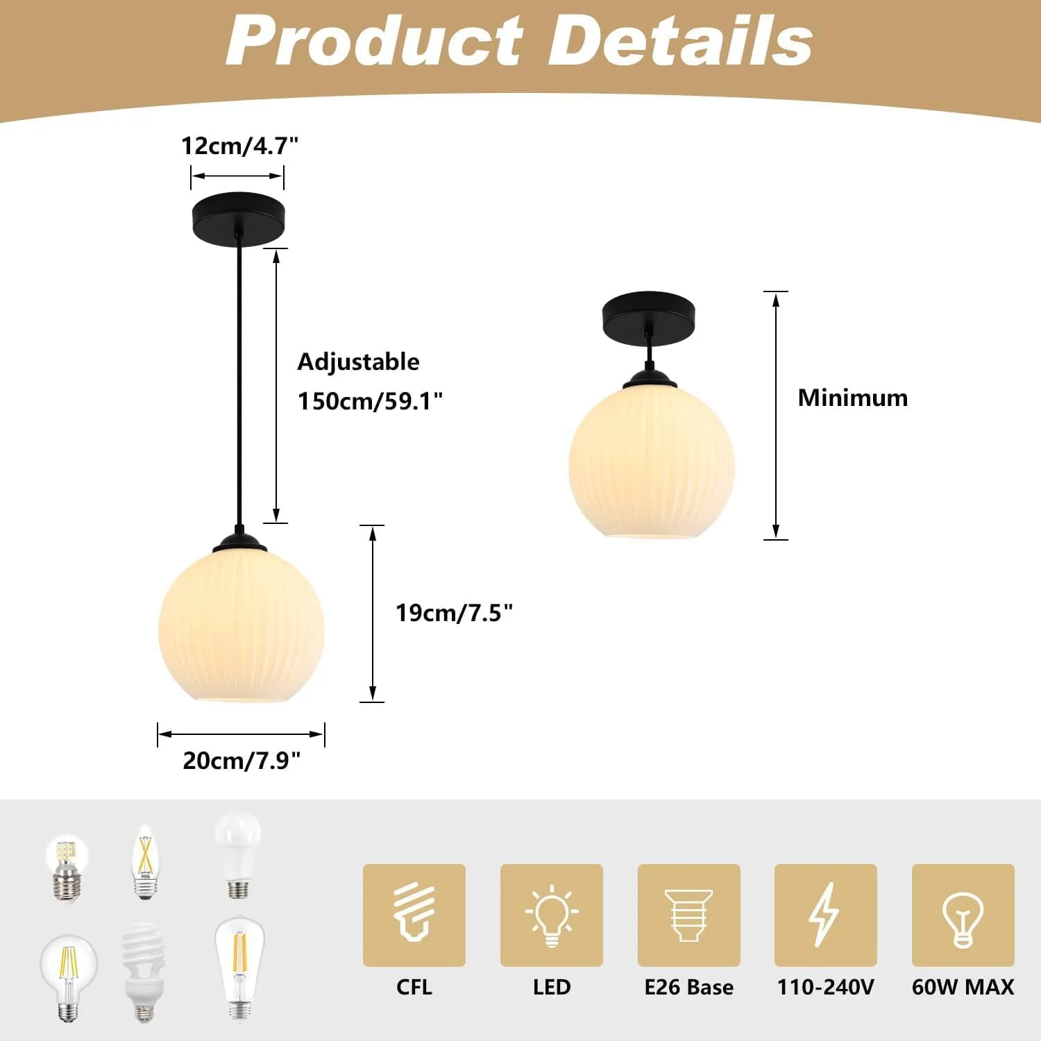 KCO Lighting Milk Glass Globe Pendant Lights Kitchen Island Industrial Vintage Ribbed Pendant Light Black Ceiling Hanging Light Fixture White Globe Pendant Light Fixture