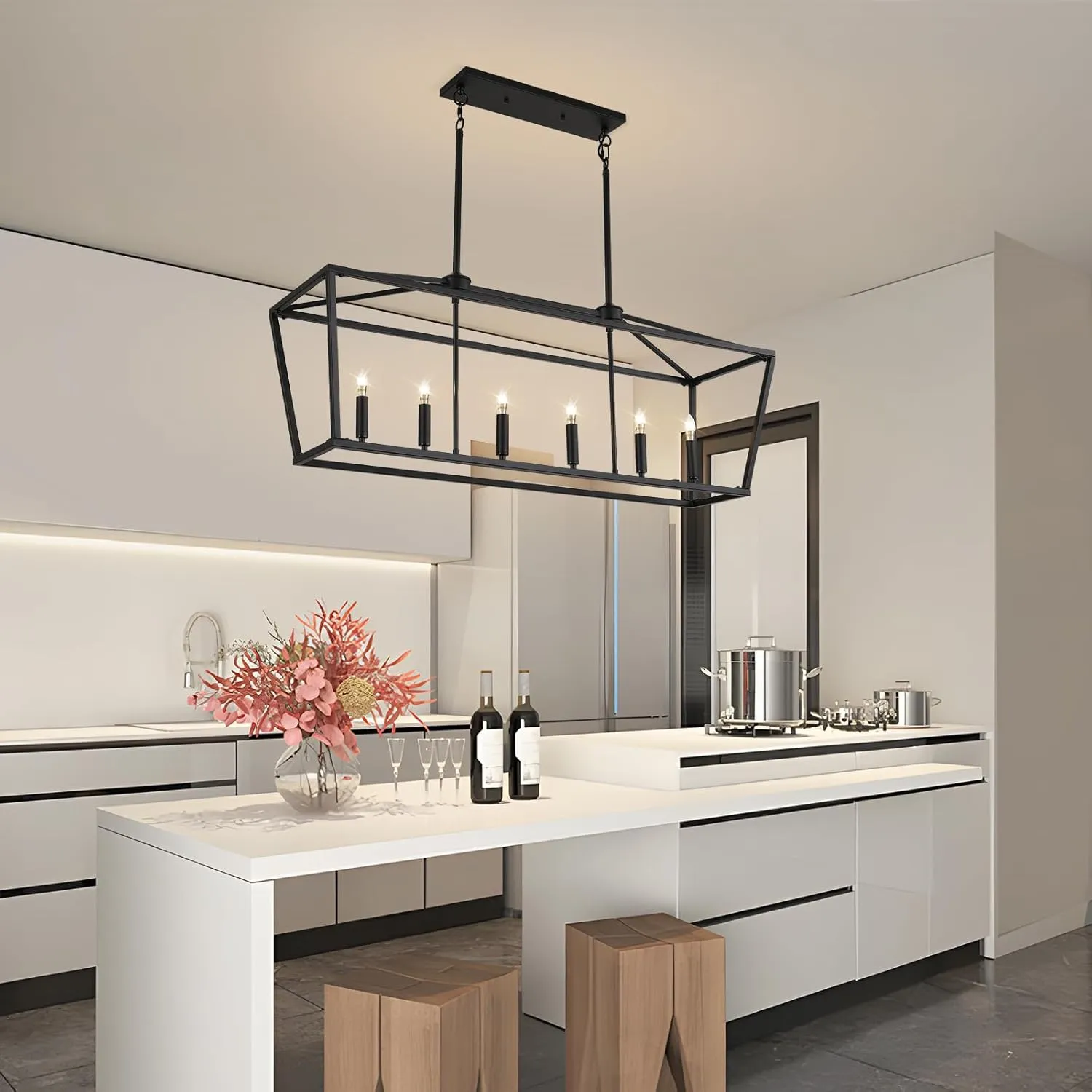 KEESFU 6-Light Kitchen Island Pendant Lighting, Farmhouse Dining Room Light Fixtures, Black Linear Chandelier for Dining Room Kitchen, E12 Base