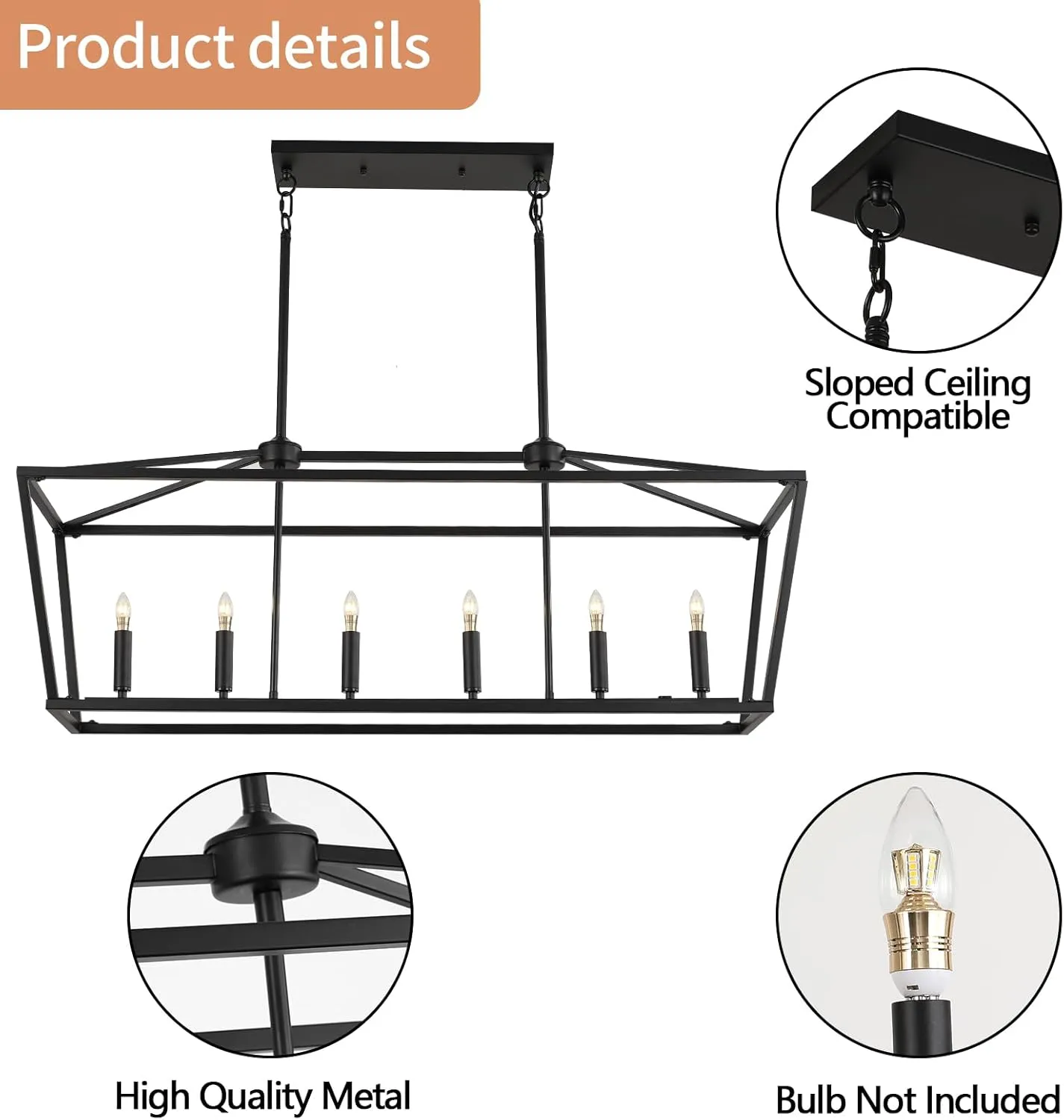 KEESFU 6-Light Kitchen Island Pendant Lighting, Farmhouse Dining Room Light Fixtures, Black Linear Chandelier for Dining Room Kitchen, E12 Base