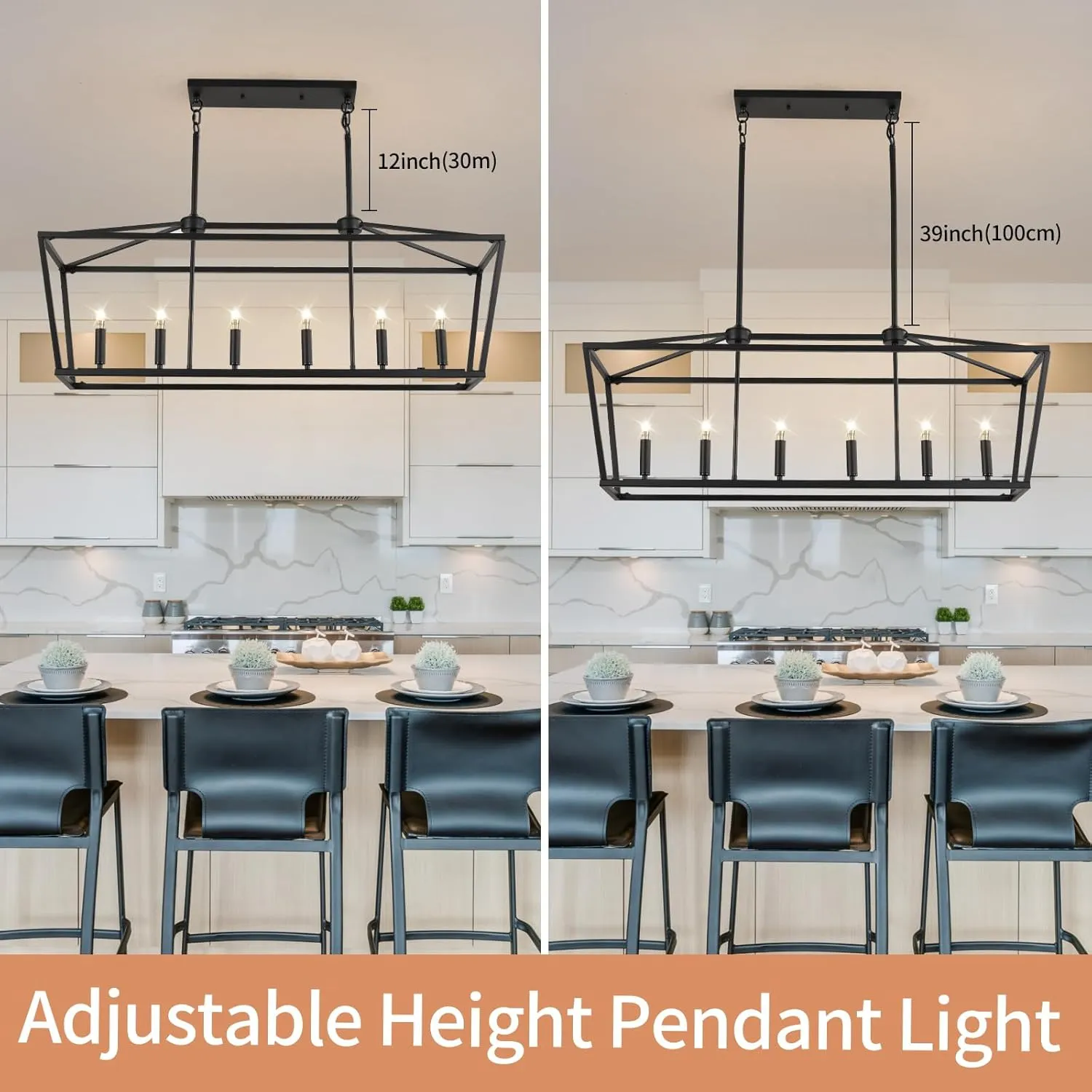 KEESFU 6-Light Kitchen Island Pendant Lighting, Farmhouse Dining Room Light Fixtures, Black Linear Chandelier for Dining Room Kitchen, E12 Base