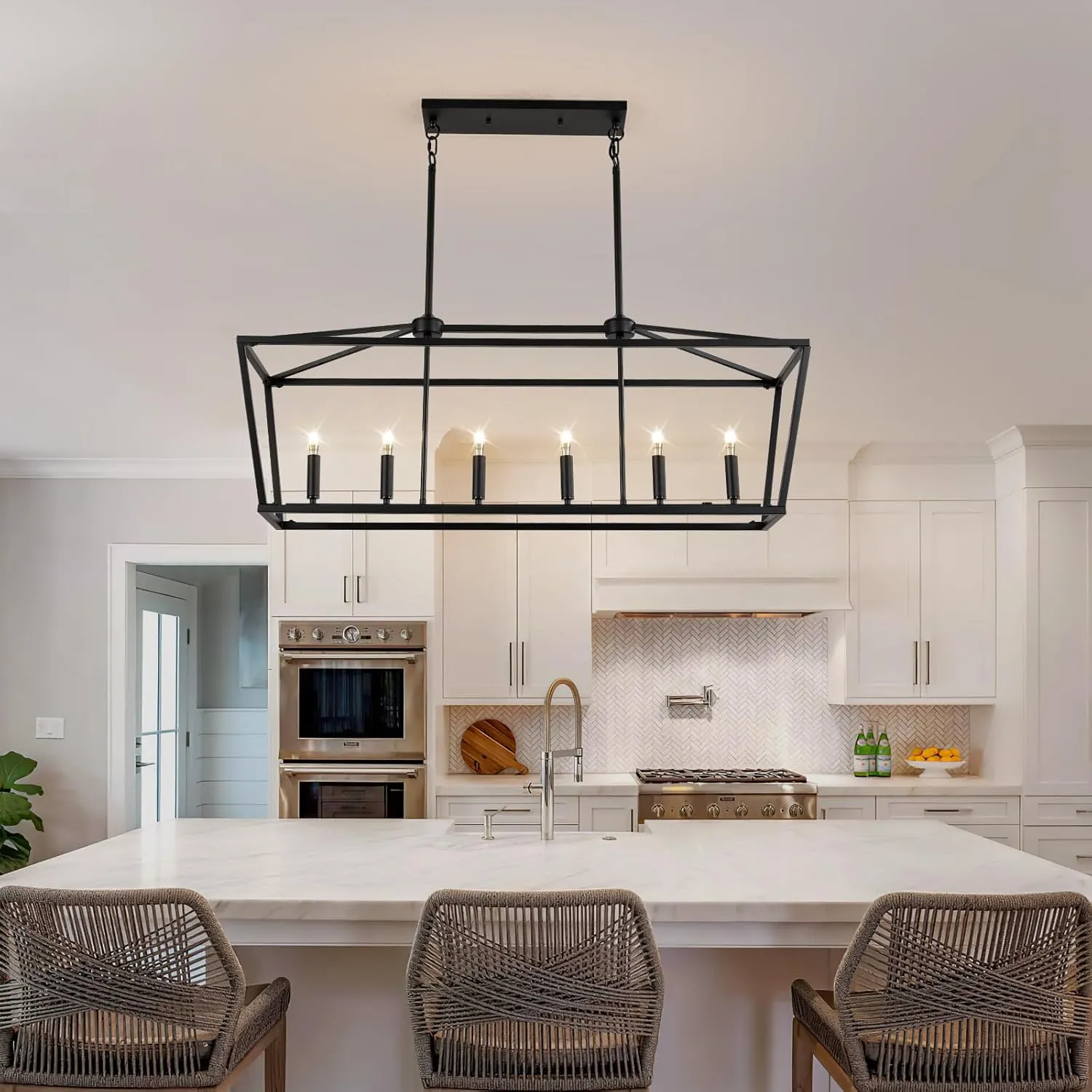 KEESFU 6-Light Kitchen Island Pendant Lighting, Farmhouse Dining Room Light Fixtures, Black Linear Chandelier for Dining Room Kitchen, E12 Base