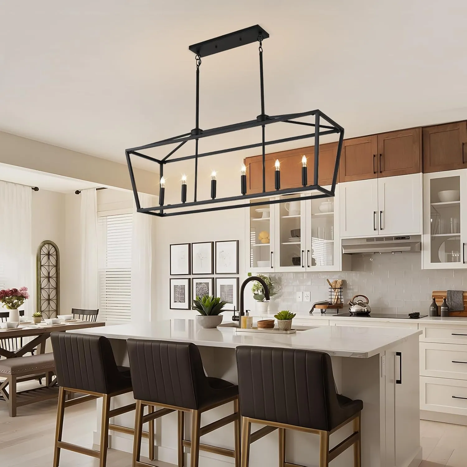 KEESFU 6-Light Kitchen Island Pendant Lighting, Farmhouse Dining Room Light Fixtures, Black Linear Chandelier for Dining Room Kitchen, E12 Base