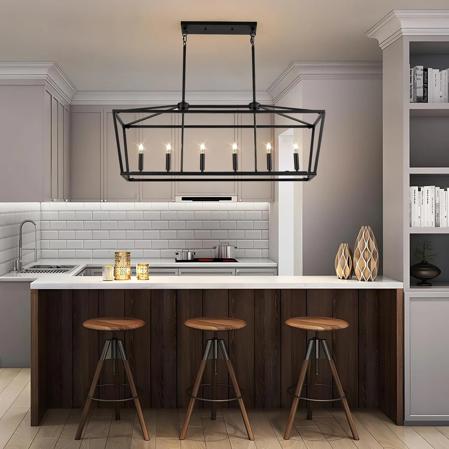 KEESFU 6-Light Kitchen Island Pendant Lighting, Farmhouse Dining Room Light Fixtures, Black Linear Chandelier for Dining Room Kitchen, E12 Base