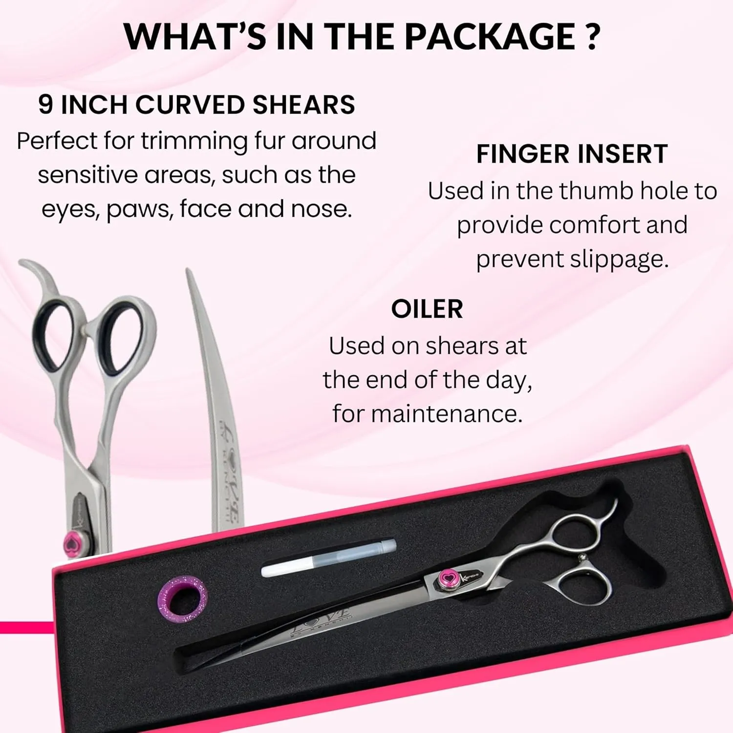 Kenchii Love Left Handed Dog Grooming Scissors, 9 Inch Curved Shears, Dog Scissors for Grooming, Professional Pet Grooming Scissors, Curved Dog Grooming Scissors