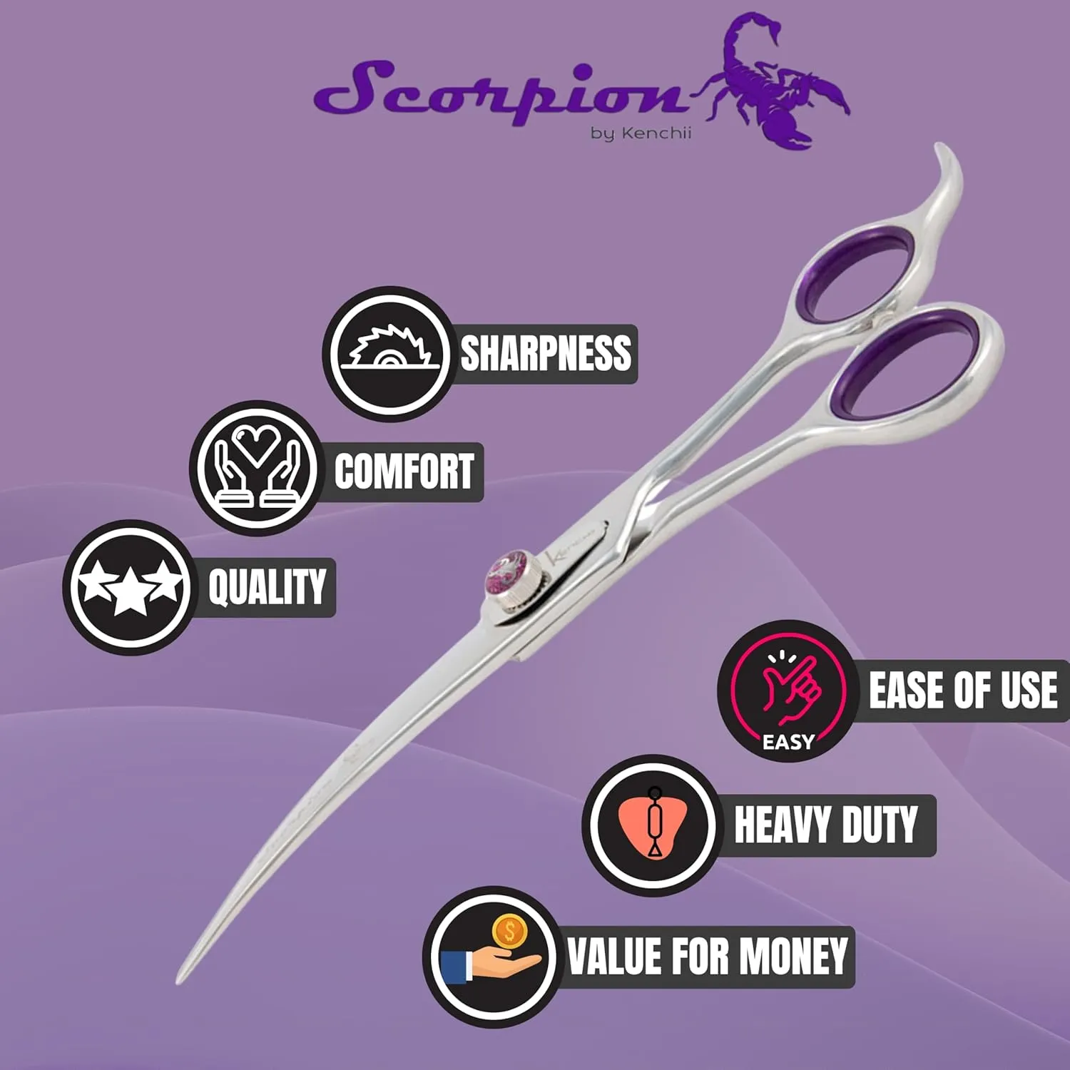 Kenchii Scorpion Dog Grooming Scissors, 7 Inch Curved Shears, Dog Scissors for Grooming, Professional Pet Grooming Scissors, Heavy Duty, Durable and Sharp