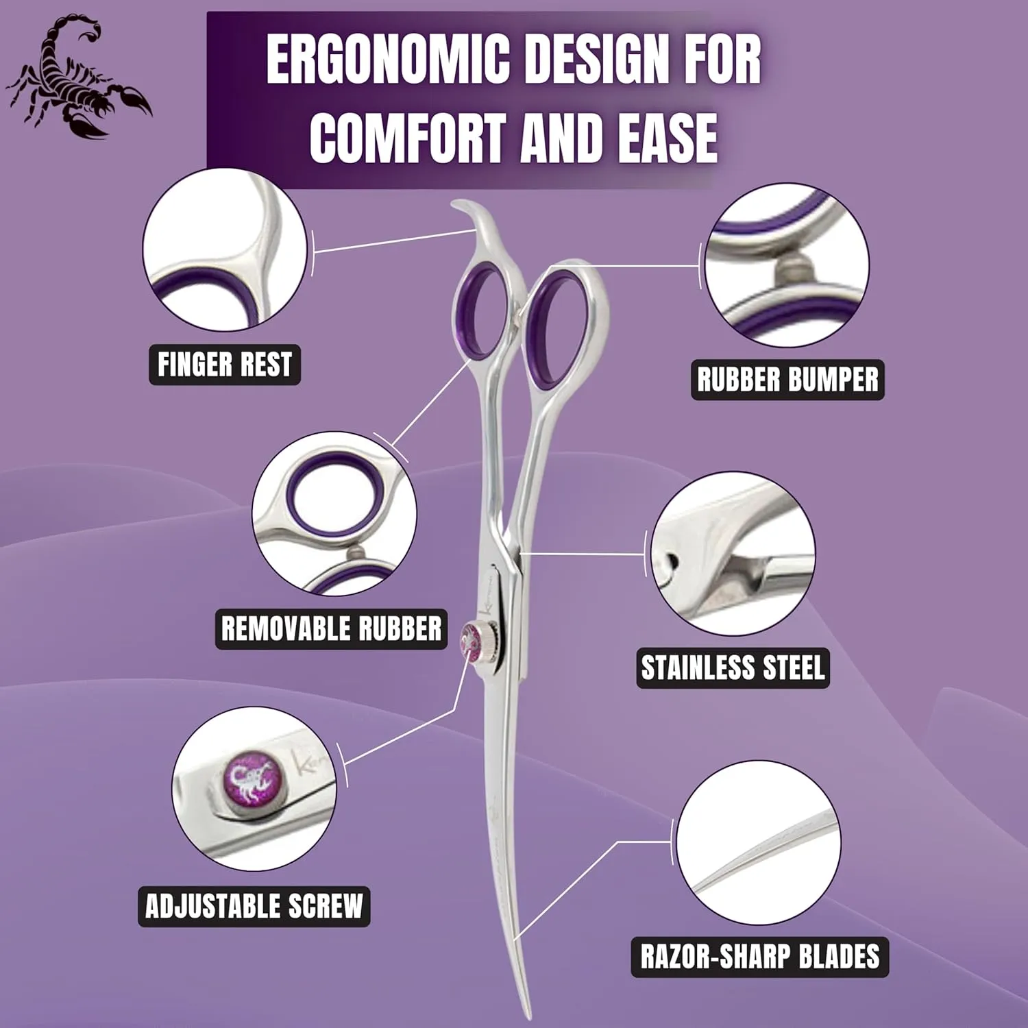 Kenchii Scorpion Dog Grooming Scissors, 7 Inch Curved Shears, Dog Scissors for Grooming, Professional Pet Grooming Scissors, Heavy Duty, Durable and Sharp