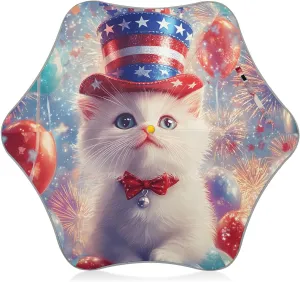 Kids Long Handle Folding Umbrella Cat July 4th Holiday Balloons - Easy Push Switch for 3-8 Years Old, Waterproof & UV50  Protection, Safe & Cute Design Umbrella for Rain