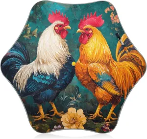 Kids Long Handle Folding Umbrella Floral Flower Art Roosters - Easy Push Switch for 3-8 Years Old, Waterproof & UV50  Protection, Safe & Cute Design Umbrella for Rain