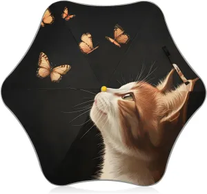 Kids Long Handle Folding Umbrella Flying Butterflies Cute Cat - Easy Push Switch for 3-8 Years Old, Waterproof & UV50  Protection, Safe & Cute Design Umbrella for Rain