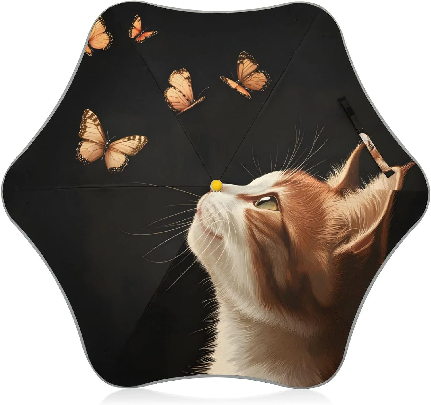 Kids Long Handle Folding Umbrella Flying Butterflies Cute Cat - Easy Push Switch for 3-8 Years Old, Waterproof & UV50  Protection, Safe & Cute Design Umbrella for Rain