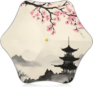 Kids Long Handle Folding Umbrella Japanese Cherry Blossoms Mountains Tower - Easy Push Switch for 3-8 Years Old, Waterproof & UV50  Protection, Safe & Cute Design Umbrella for Rain
