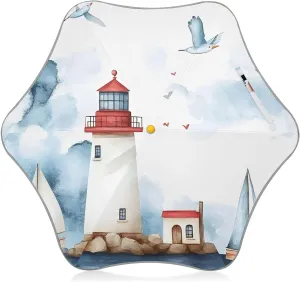 Kids Long Handle Folding Umbrella Watercolor Sea Lighthouse Sailboats - Easy Push Switch for 3-8 Years Old, Waterproof & UV50  Protection, Safe & Cute Design Umbrella for Rain