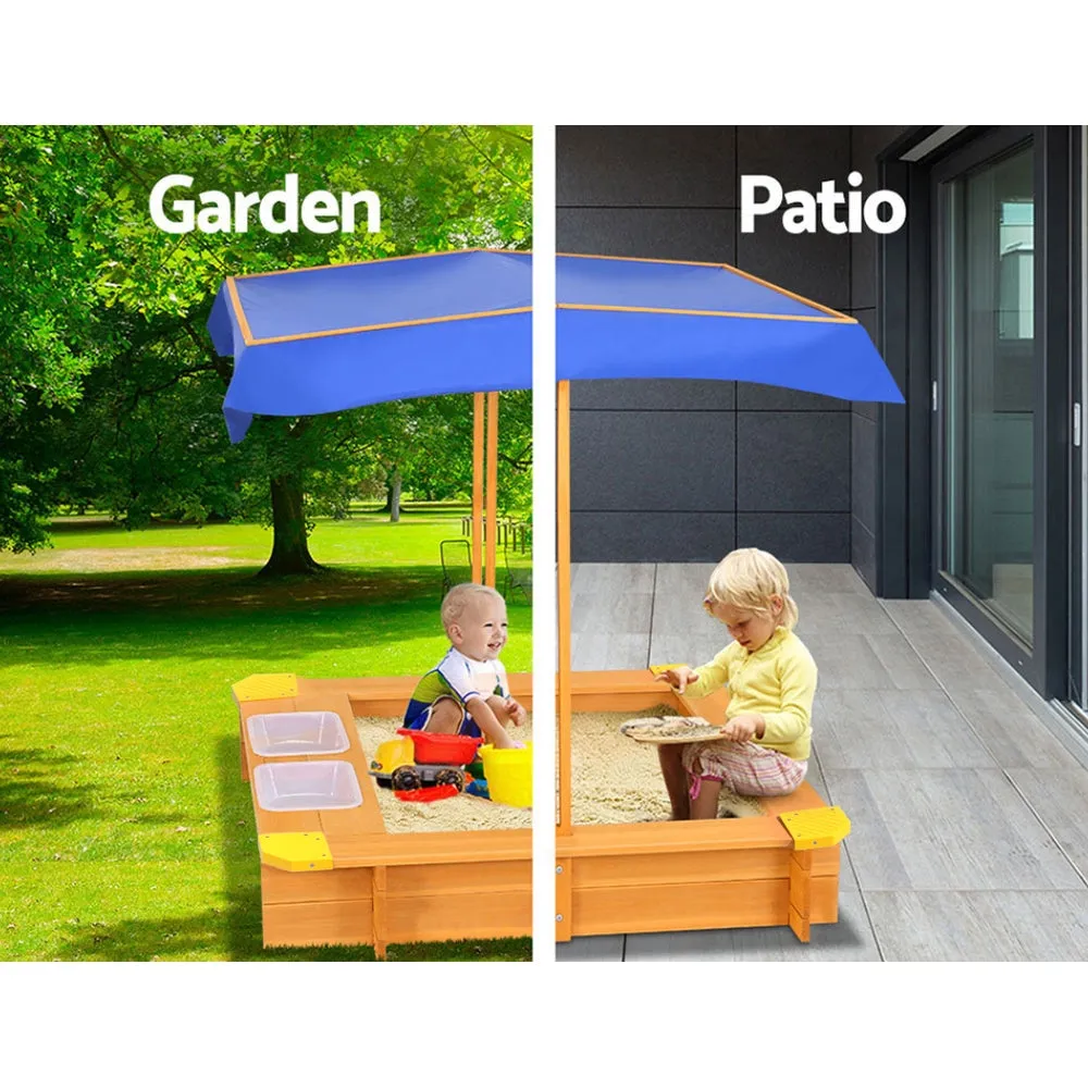 Kids Sandpit Wooden Sandbox Sand Pit with Canopy Water Basin Toys 103cm