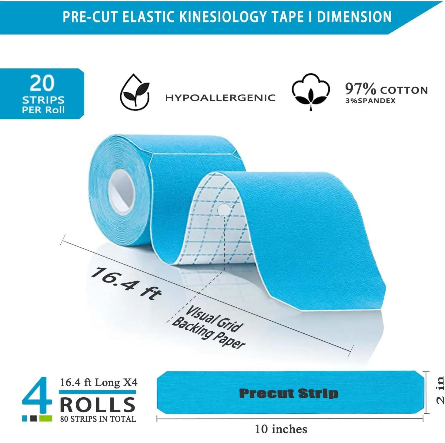 Kinesiology Tape Precut Pro-4Pack | Waterproof Elastic Athletic Tape, 66 ft 80 Strips, Medical Grade Cotton Adhesive Sports Tape for Muscle Pain Relief & Joint Support, Breathable K Tape-4Color