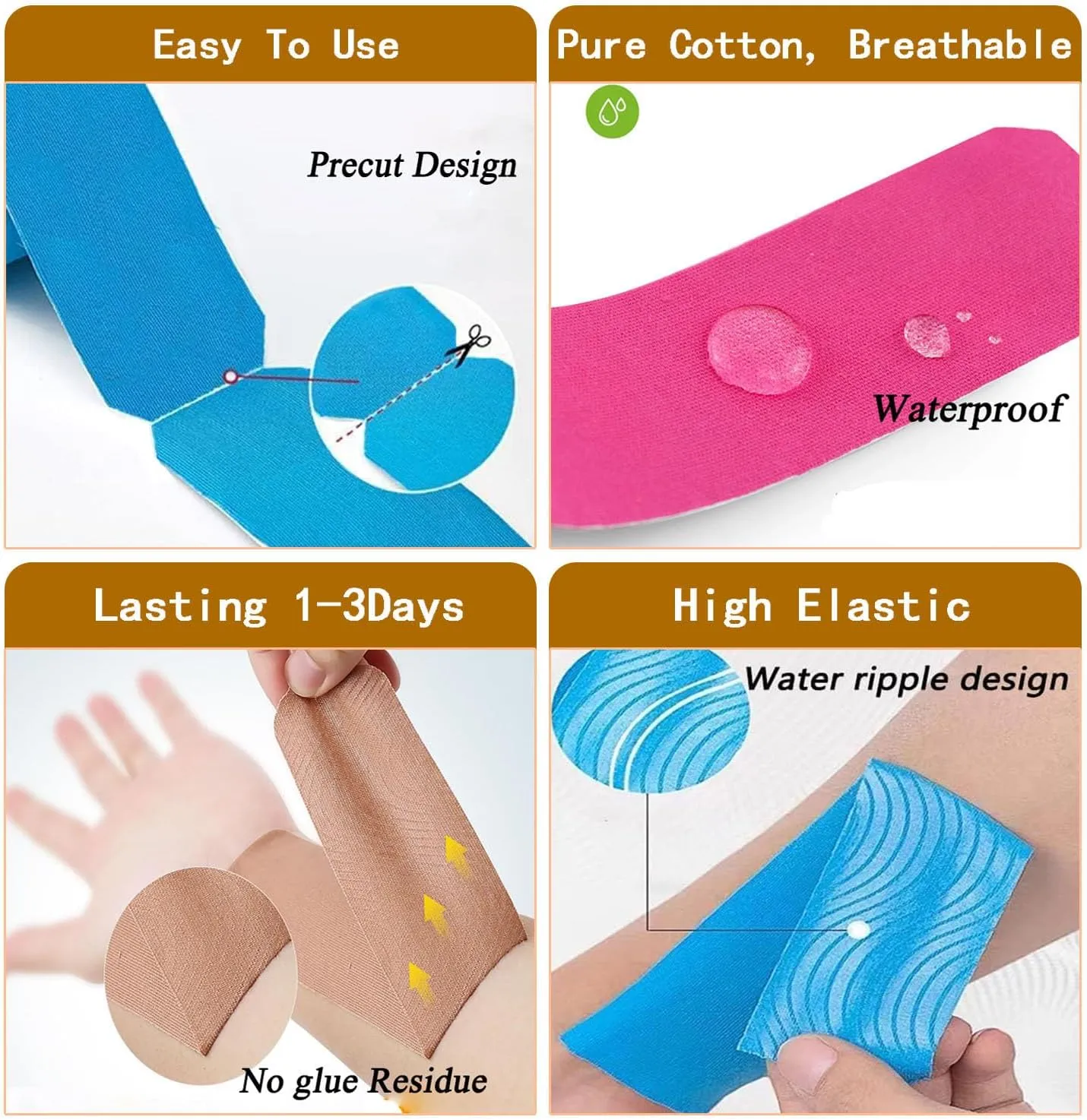 Kinesiology Tape Precut Pro-4Pack | Waterproof Elastic Athletic Tape, 66 ft 80 Strips, Medical Grade Cotton Adhesive Sports Tape for Muscle Pain Relief & Joint Support, Breathable K Tape-4Color