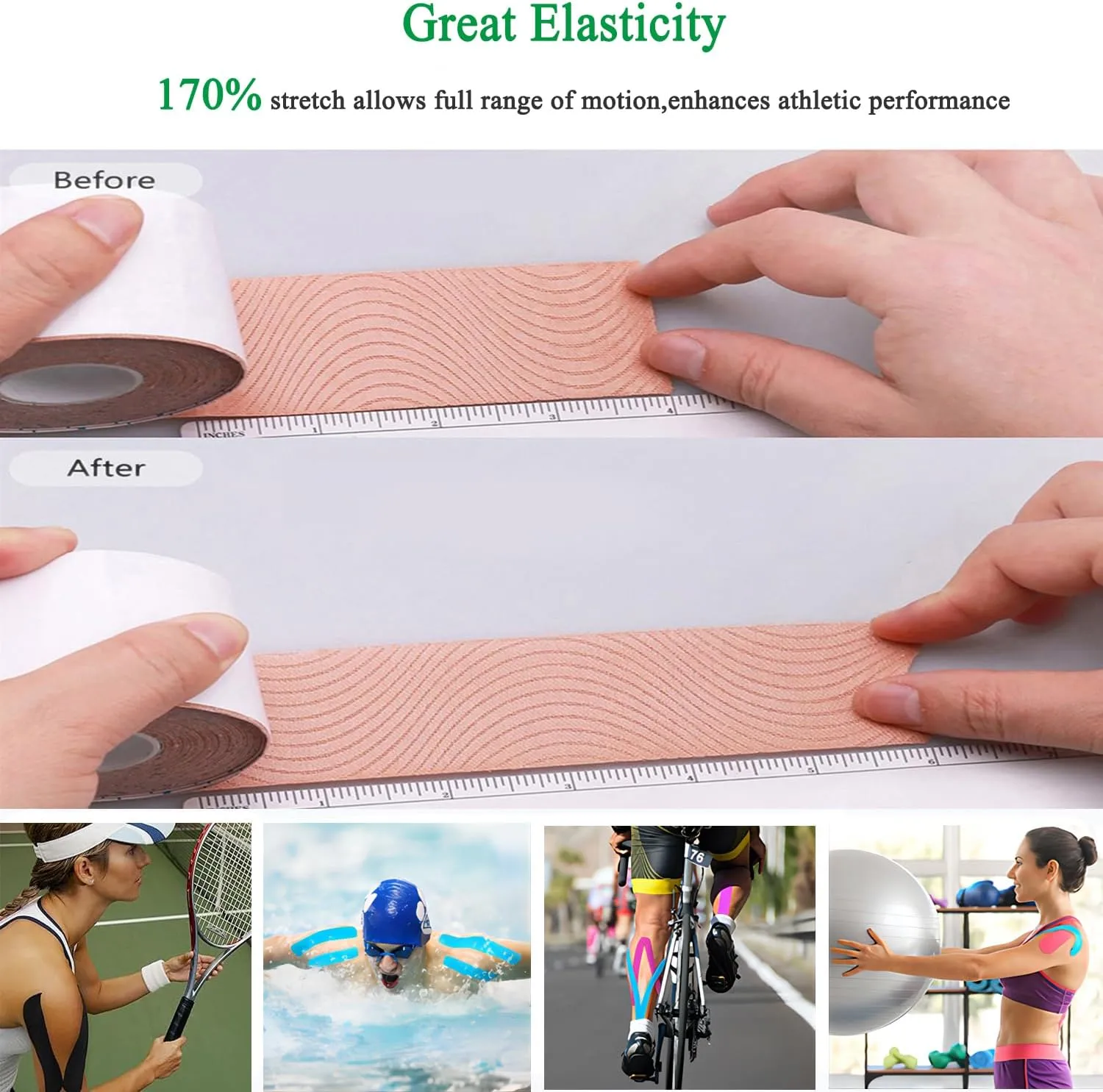 Kinesiology Tape Precut Pro-4Pack | Waterproof Elastic Athletic Tape, 66 ft 80 Strips, Medical Grade Cotton Adhesive Sports Tape for Muscle Pain Relief & Joint Support, Breathable K Tape-4Color