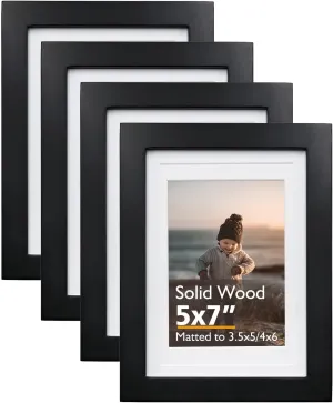 KINLINK 5x7 Picture Frame Black, Solid Wood Frames with Acrylic Plexiglass for Pictures 4x6 With Mat or 5x7 Without Mat,Tabletop and Wall Display Photo Frame Set of 4