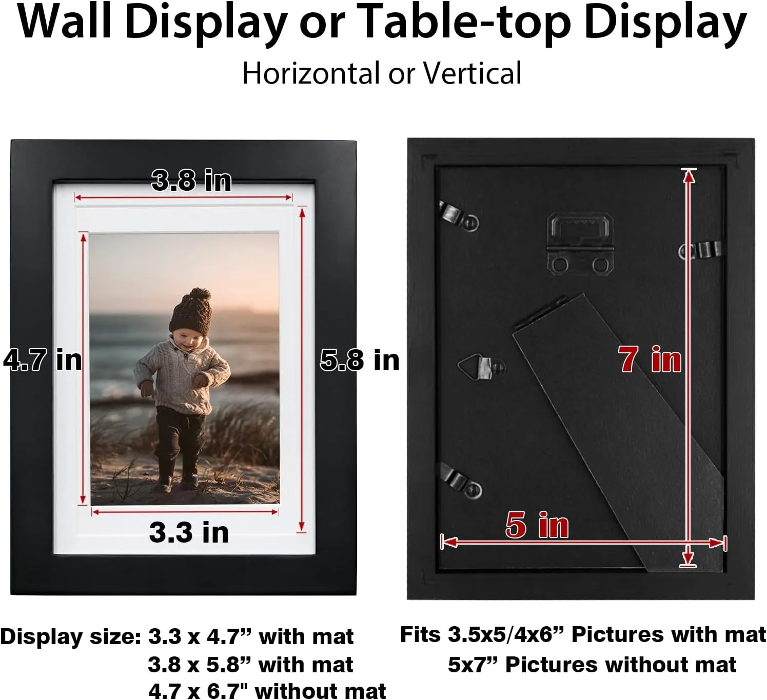 KINLINK 5x7 Picture Frame Black, Solid Wood Frames with Acrylic Plexiglass for Pictures 4x6 With Mat or 5x7 Without Mat,Tabletop and Wall Display Photo Frame Set of 4