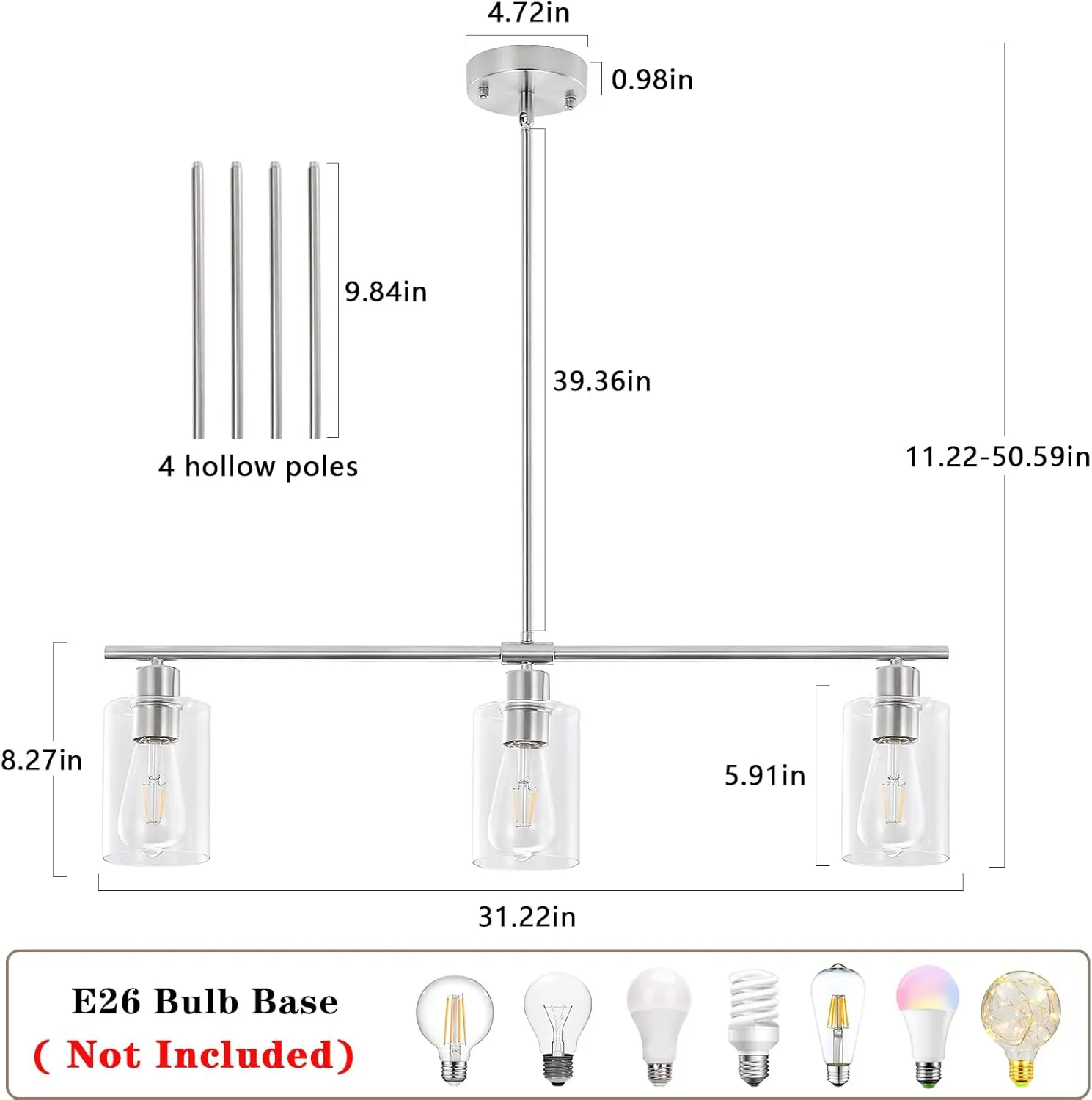 Kitchen Island Lighting 3-Light Brushed Nickel Pendant Light Fixtures with Glass Shades Industrial Farmhouse Chandelier Hanging Pendant Lights for Kitchen Island Dining Room Bar Table Foyer Entryway