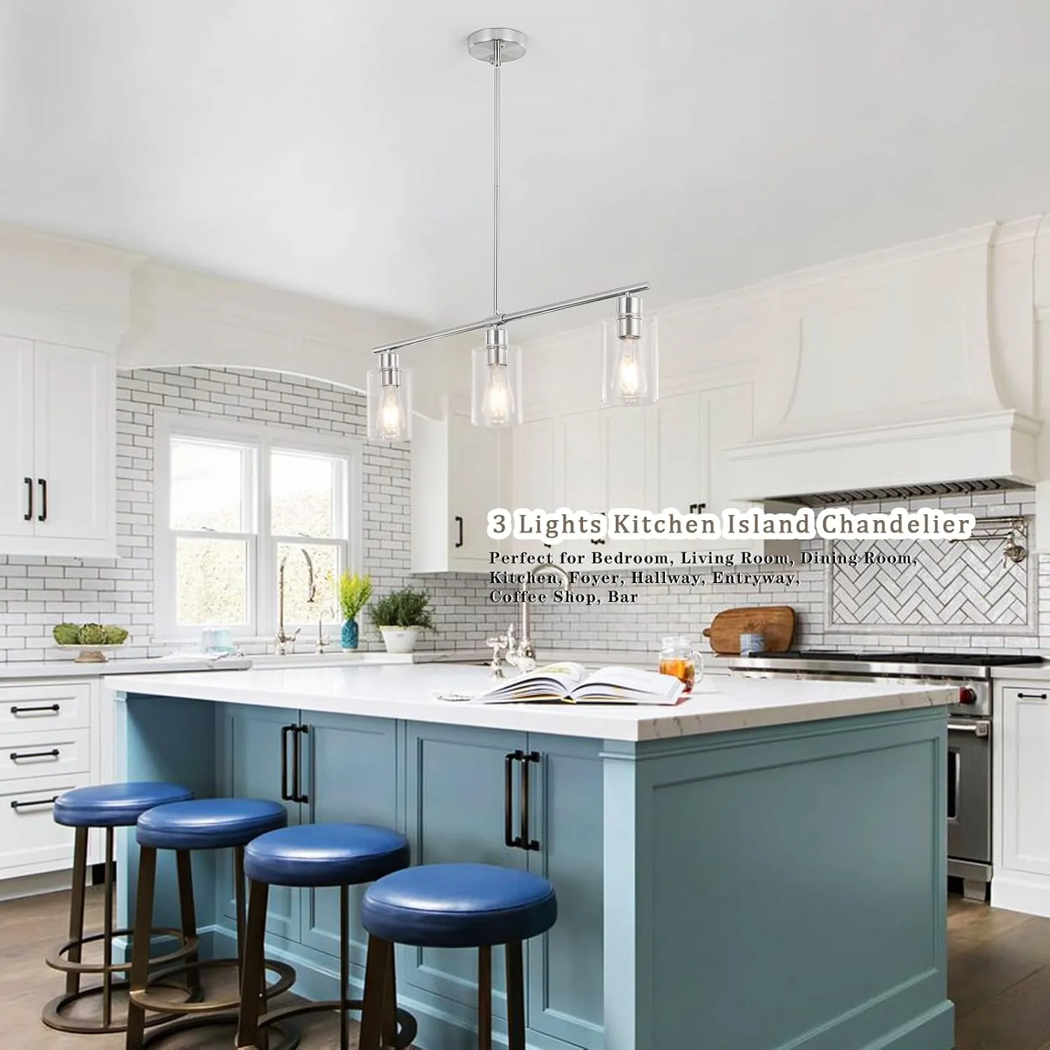 Kitchen Island Lighting 3-Light Brushed Nickel Pendant Light Fixtures with Glass Shades Industrial Farmhouse Chandelier Hanging Pendant Lights for Kitchen Island Dining Room Bar Table Foyer Entryway