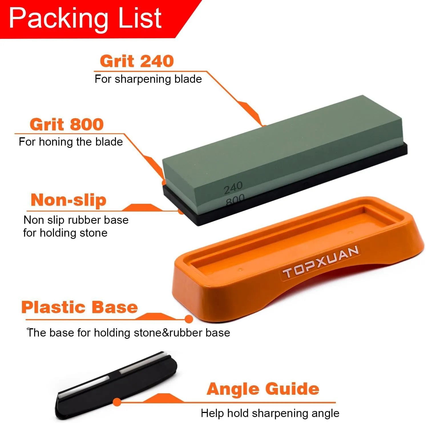 Knife Sharpening Stone 2 Sided 240/800 Grit Sharpener Waterstone,Professional Kitchen Whetstone with Orange Plastic Base,Non-slip Rubber and Angle Guide