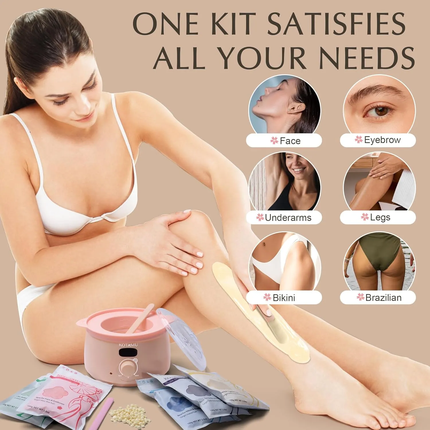 KOTAMU Wax Kit, Waxing Kit for Women Men Hair Removal, Digital Waxing Machine for Face Eyebrow Bikini Brazilian Leg Body &Sensitive Skin, Pink Wax Warmer With 44 Accessories for Home Salon Use