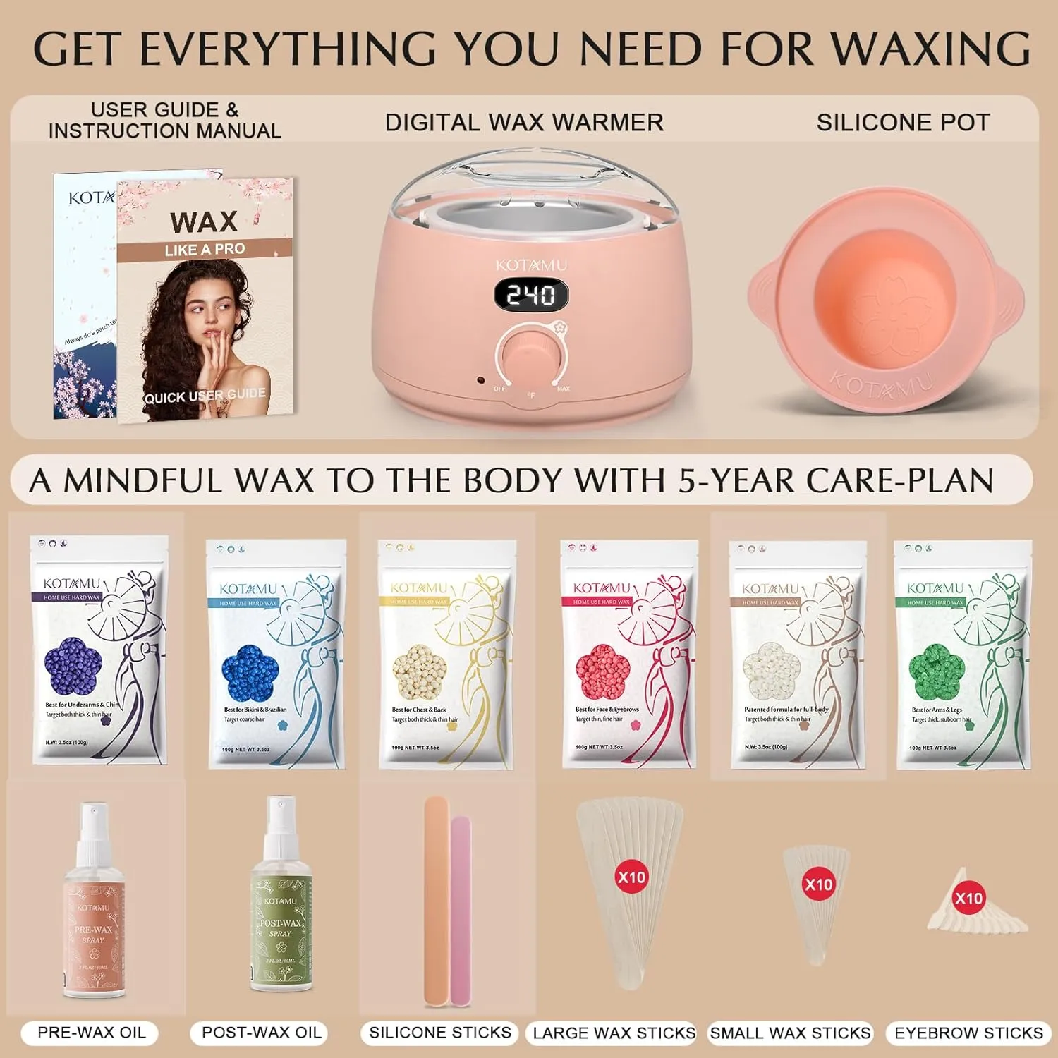 KOTAMU Wax Kit, Waxing Kit for Women Men Hair Removal, Digital Waxing Machine for Face Eyebrow Bikini Brazilian Leg Body &Sensitive Skin, Pink Wax Warmer With 44 Accessories for Home Salon Use
