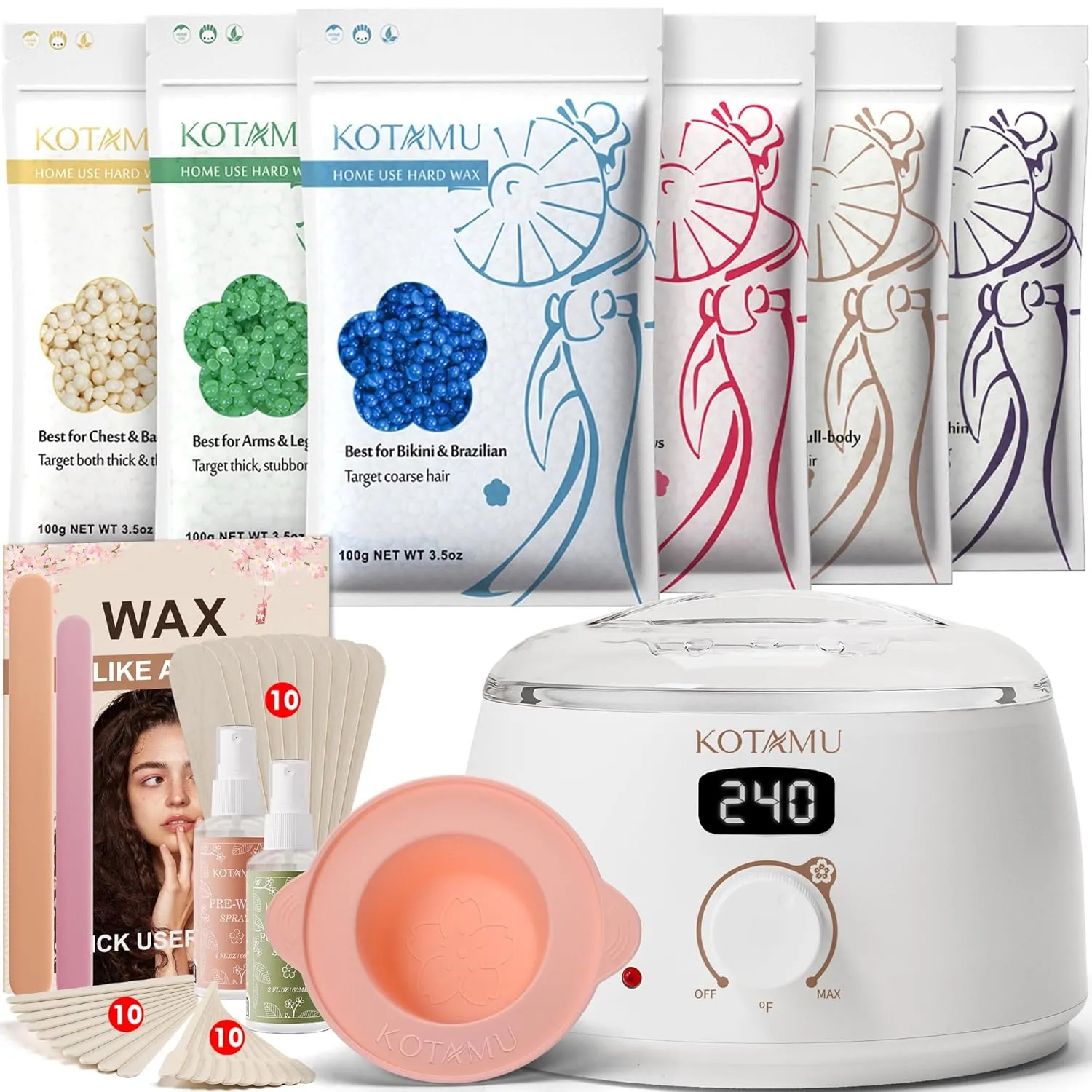 KOTAMU Waxing Kit for Women & Men, White Wax Kit for Hair Removal, Digital Waxing Pot for Thick Coarse Fine Fuzzy Hair & Sensitive Skin, Wax Warmer for Home Salon Use