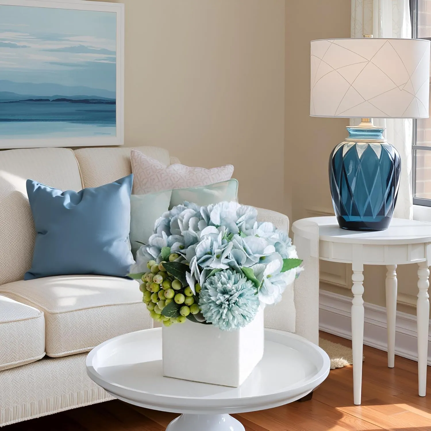 LADADA Fake Flowers in Ceramic Vase,Faux Hydrangea Flower Arrangements for Home Decor Artificial Flowers with Vase