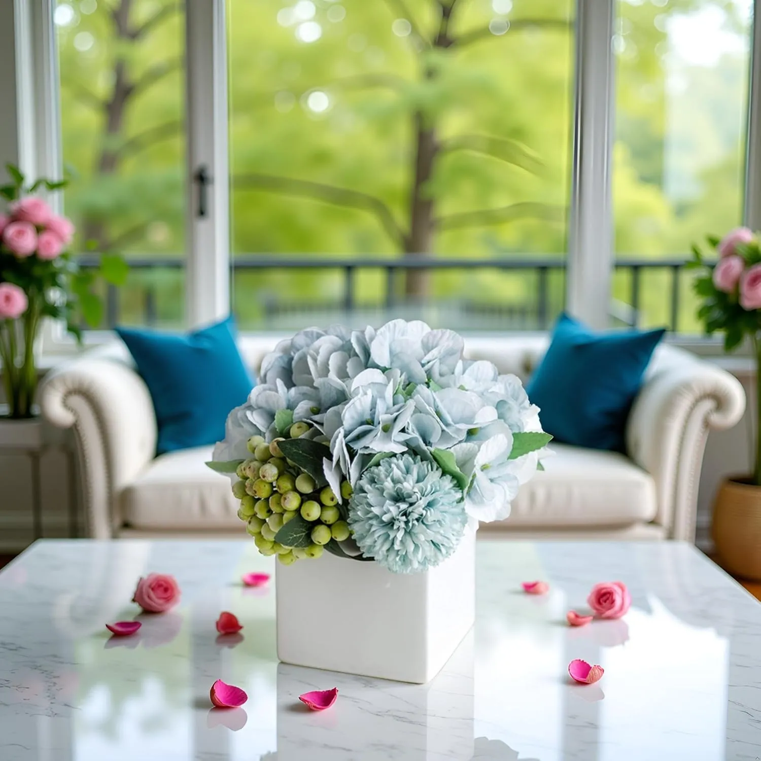 LADADA Fake Flowers in Ceramic Vase,Faux Hydrangea Flower Arrangements for Home Decor Artificial Flowers with Vase