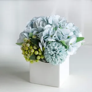LADADA Fake Flowers in Ceramic Vase,Faux Hydrangea Flower Arrangements for Home Decor Artificial Flowers with Vase