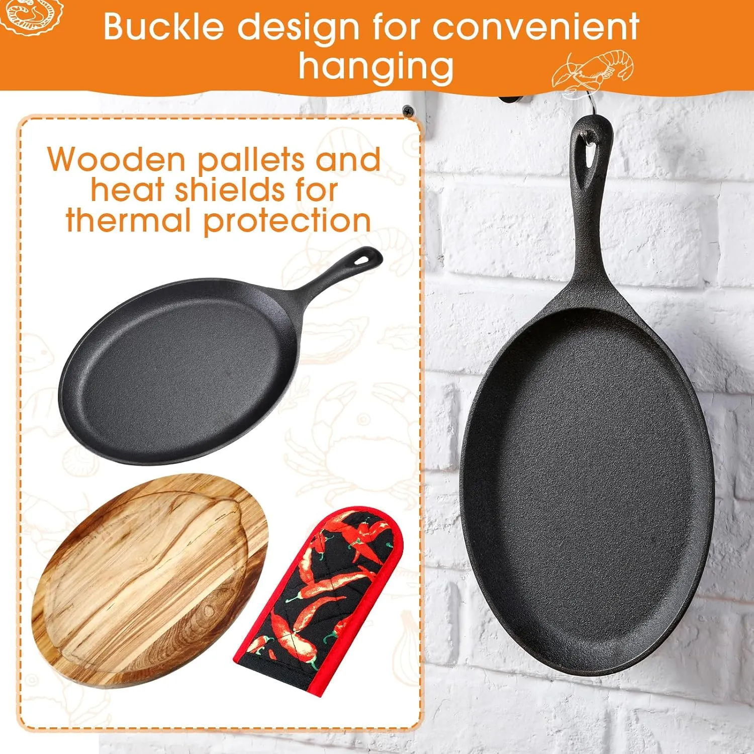 Lallisa 2 Sets Cast Iron Fajita Plate Set Fajita Plate Pan with Wooden Tray Anti Scald Protection Hot Mitt Cast Iron Skillet Set for Home Barbecue Kitchen Party Restaurant Catering Service