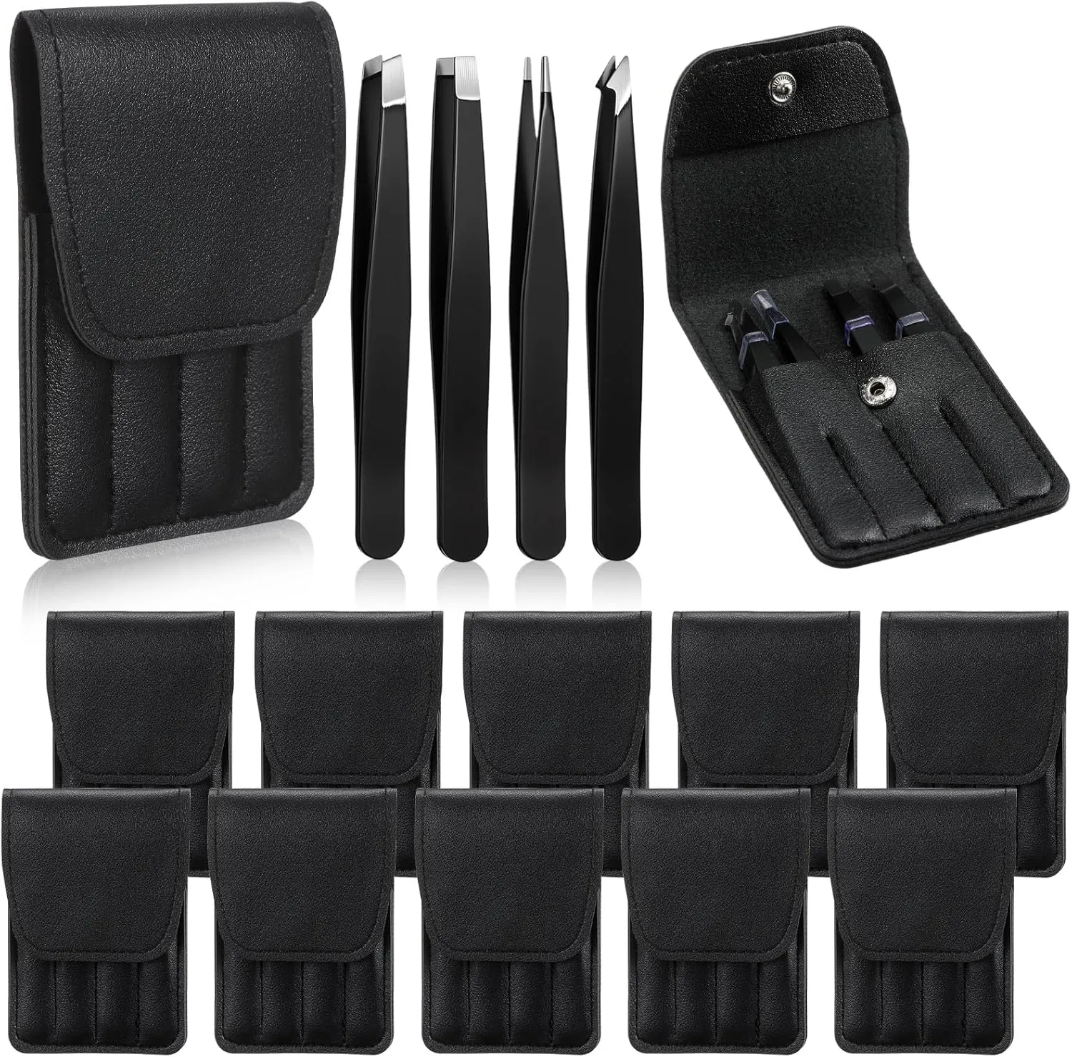 Lasnten 12 Sets Eyebrow Tweezers Set and Curved Scissors, 4 in 1 Professional Stainless Steel Tweezers for Women and Men, Splinter and Ingrown Hair Removal with Travel Case(Black)