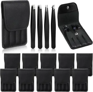 Lasnten 12 Sets Eyebrow Tweezers Set and Curved Scissors, 4 in 1 Professional Stainless Steel Tweezers for Women and Men, Splinter and Ingrown Hair Removal with Travel Case(Black)