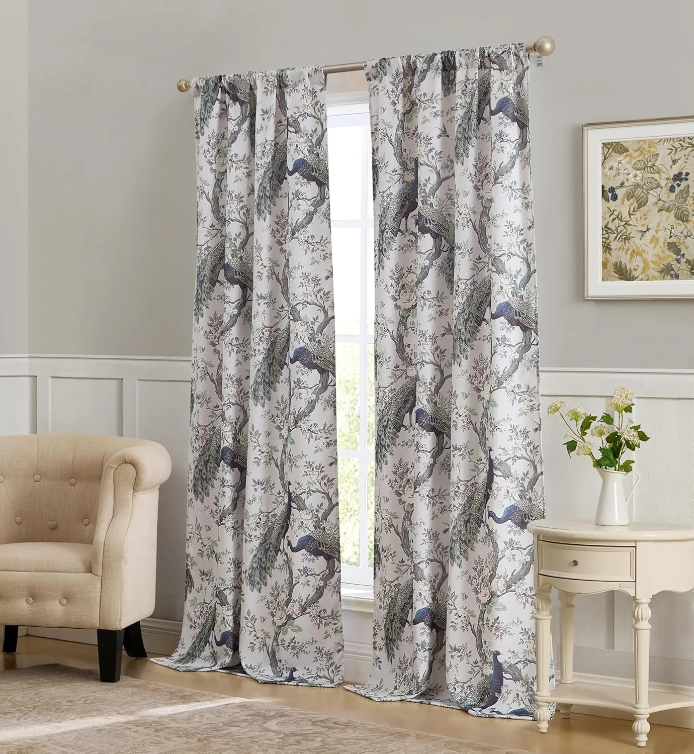Laura Ashley Belvedere Window Curtains with Rod Pocket, 96-inch Length, 2 Panels Set, Canvas Light Filtering, Peacock