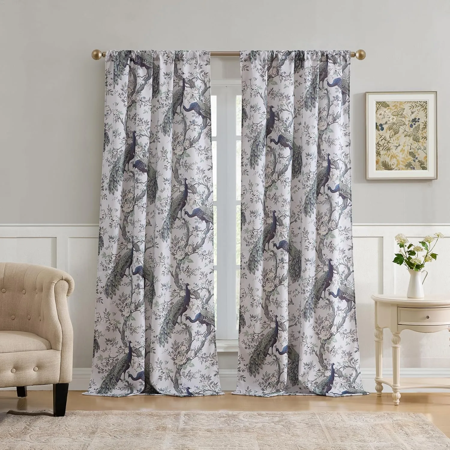 Laura Ashley Belvedere Window Curtains with Rod Pocket, 96-inch Length, 2 Panels Set, Canvas Light Filtering, Peacock
