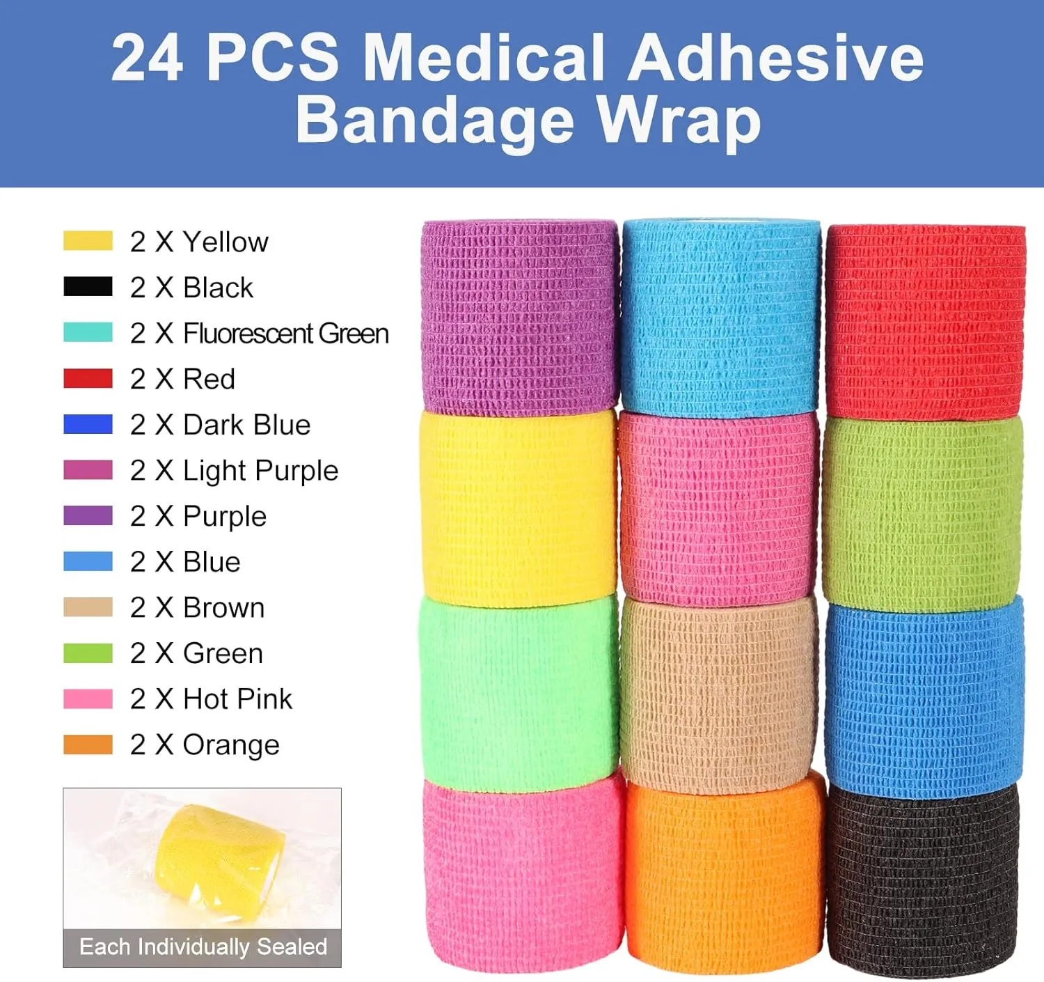 LDIWEE 24 Pack 2 Inch x 5 Yards Self Adhesive Bandage Wrap, Elastic Cohesive Wrap 2 inch Vet Wrap Bandage Tape, Grip Tape for Athletic, Sports, First Aid Medical, Wrist, Ankle Sprains, Swelling