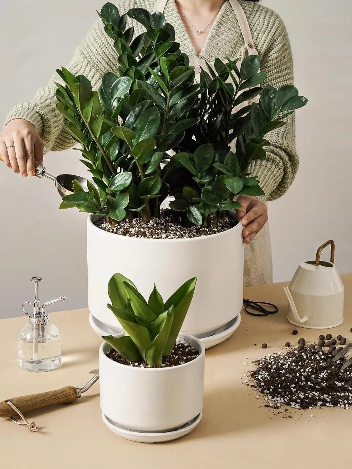 LE TAUCI Ceramic Pots for Plants, Set of 2, 10   12 Inch Plant Pot, Durable & Stylish Planters for Indoor Plants with Drainage Hole and Saucer, Elevate Your Home’s Aesthetic, White