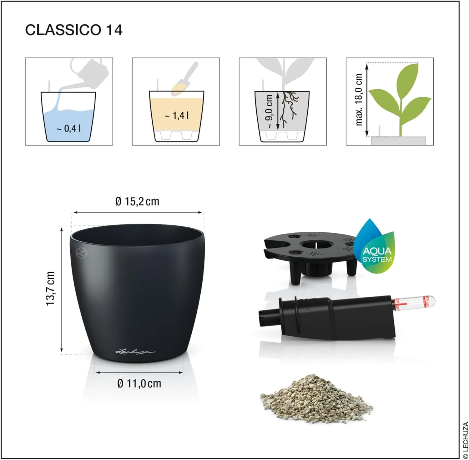 Lechuza Classico Color 14 Table Pot Nutmeg, Planter with Watering System, Water Level Indicator and Plant Insert, Matte Surface, Diameter 15 x 13.5 cm, 16698