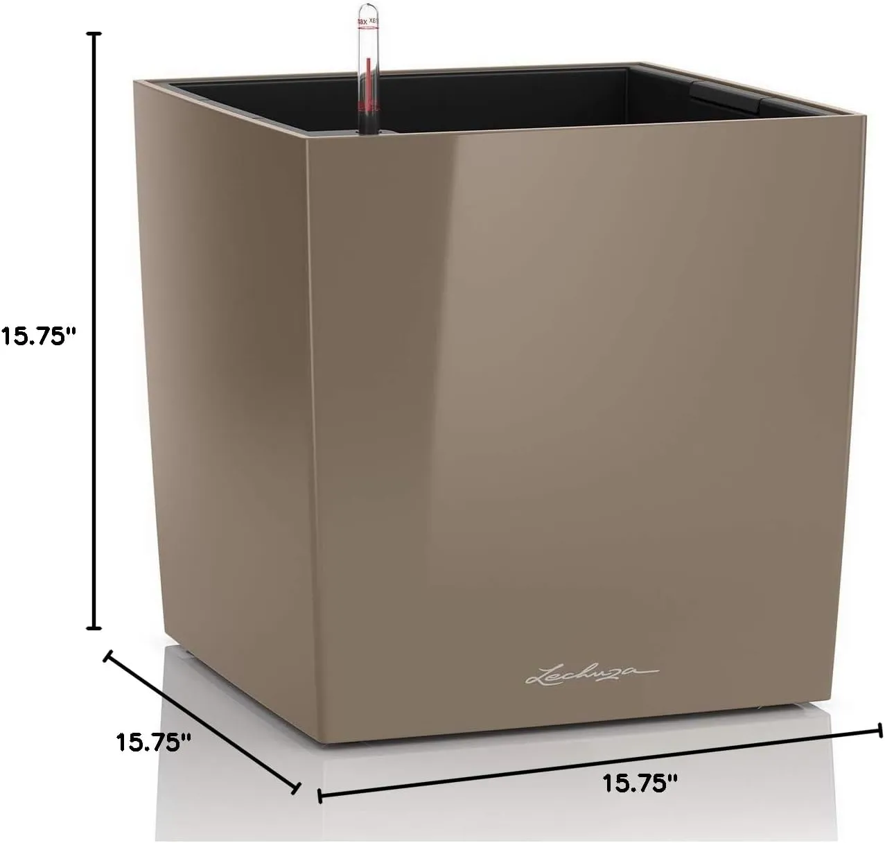 Lechuza Cube 40 Self Watering Planter Garden Flower Plant Pot Indoor/Outdoor Floor Planter with Drainage Hole & Plant Substrate Poly Resin H40 L40 W40 cm Shiny Taupe, 16365