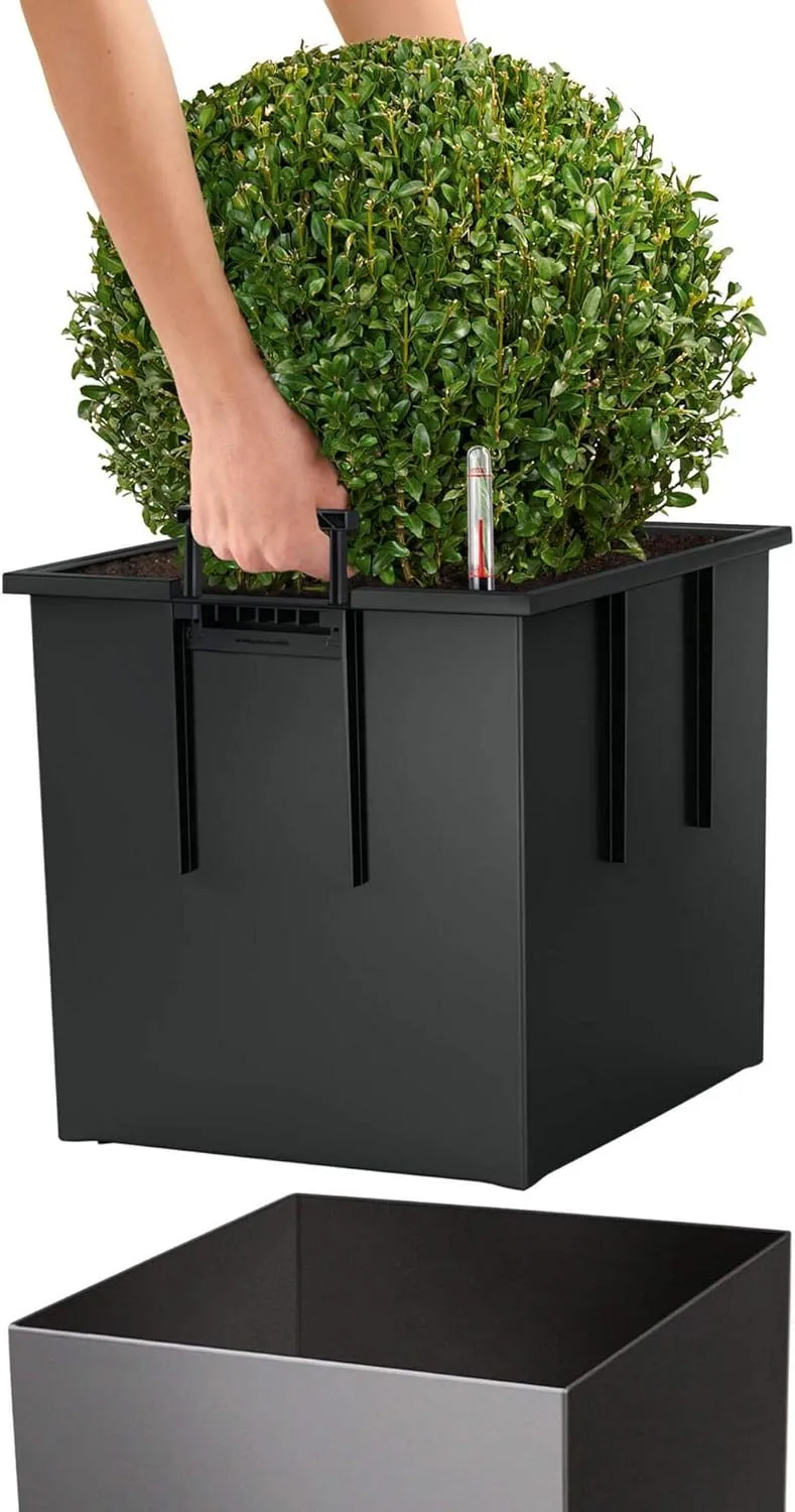 Lechuza Cube 40 Self Watering Planter Garden Flower Plant Pot Indoor/Outdoor Floor Planter with Drainage Hole & Plant Substrate Poly Resin H40 L40 W40 cm Shiny Taupe, 16365