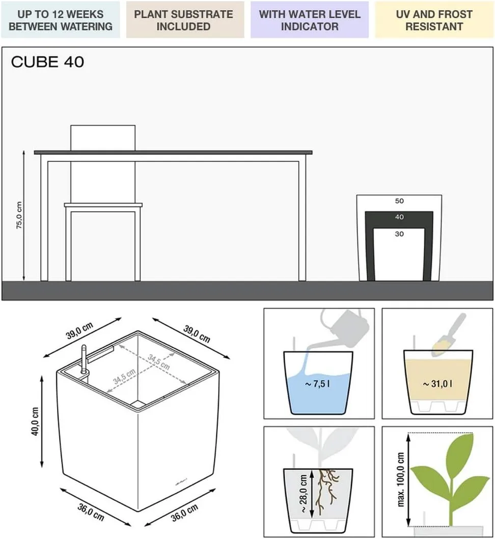 Lechuza Cube 40 Self Watering Planter Garden Flower Plant Pot Indoor/Outdoor Floor Planter with Drainage Hole & Plant Substrate Poly Resin H40 L40 W40 cm Shiny Taupe, 16365