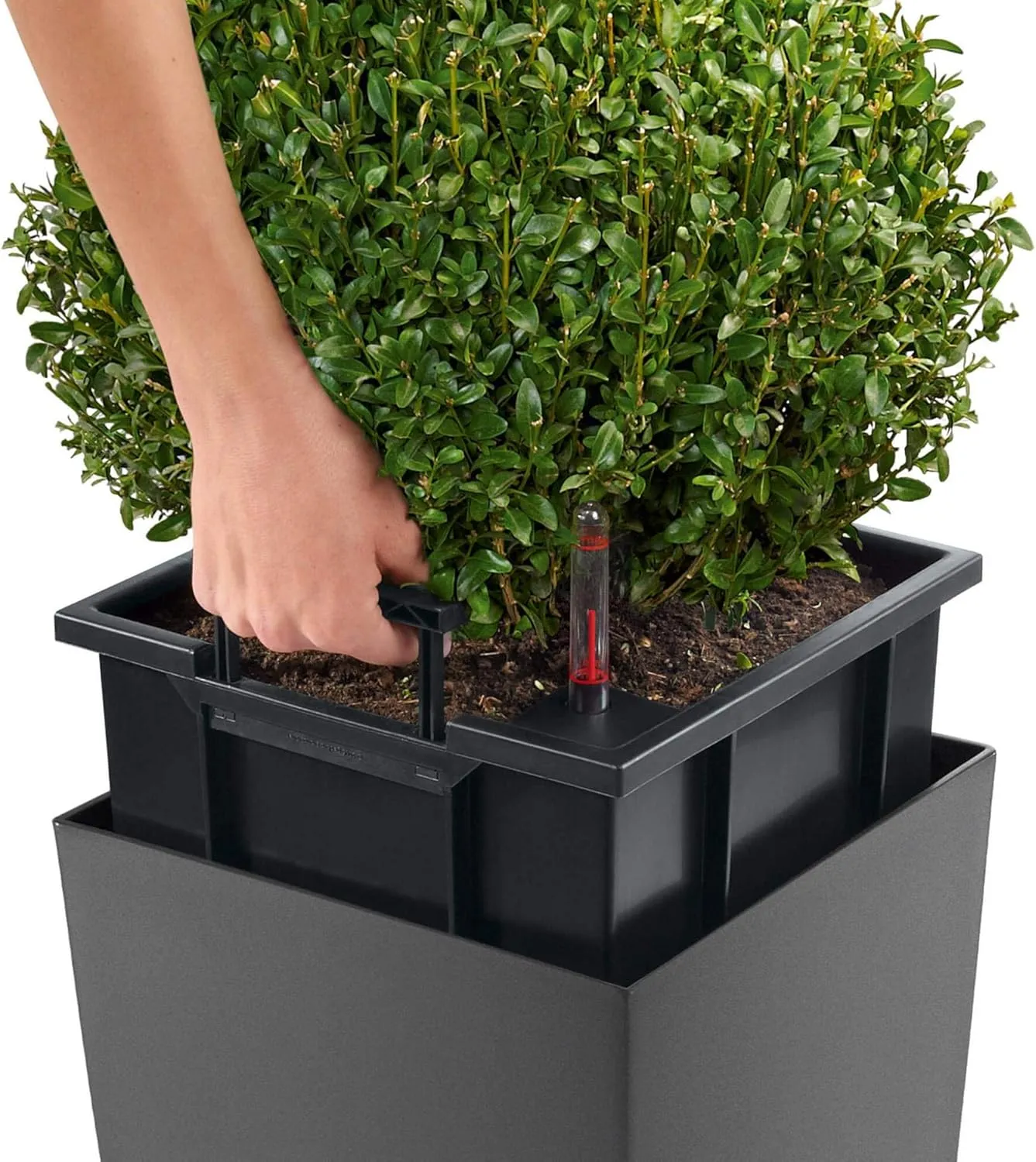 Lechuza CUBICO 40 Self Watering Planter Garden Flower Plant Pot Plastic Indoor/Outdoor Floor Planter with Drainage Hole H75 L40 W40 cm Charcoal Metallic