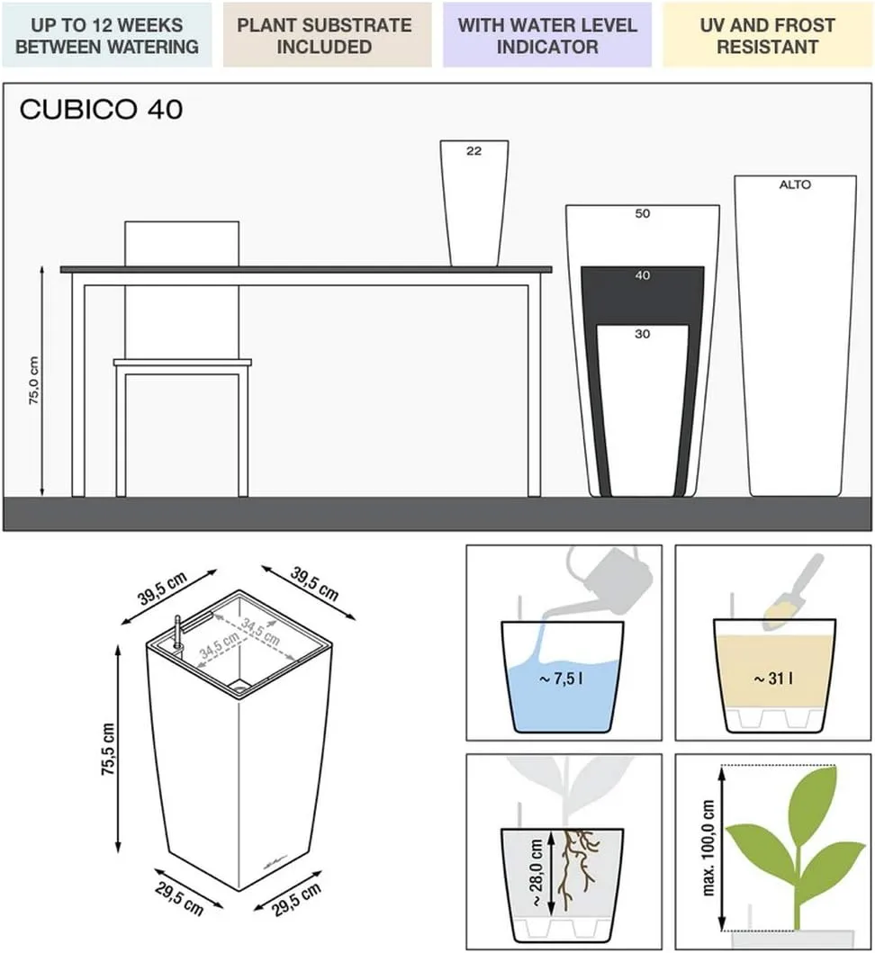 Lechuza CUBICO 40 Self Watering Planter Garden Flower Plant Pot Plastic Indoor/Outdoor Floor Planter with Drainage Hole H75 L40 W40 cm Charcoal Metallic