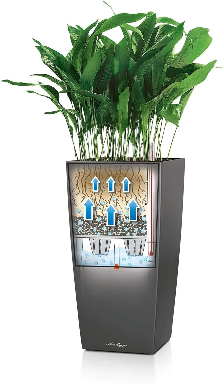 Lechuza CUBICO 40 Self Watering Planter Garden Flower Plant Pot Plastic Indoor/Outdoor Floor Planter with Drainage Hole H75 L40 W40 cm Charcoal Metallic