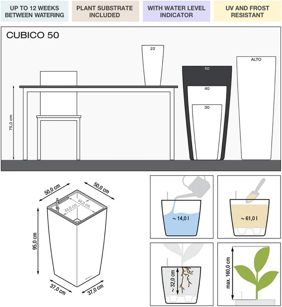 Lechuza CUBICO 50 Self Watering Planter Large Garden Flower Plant Pot Indoor/Outdoor Floor Planter with Drainage Hole and Plant Substrate Poly Resin H95 L50 W50 cm White High-Gloss