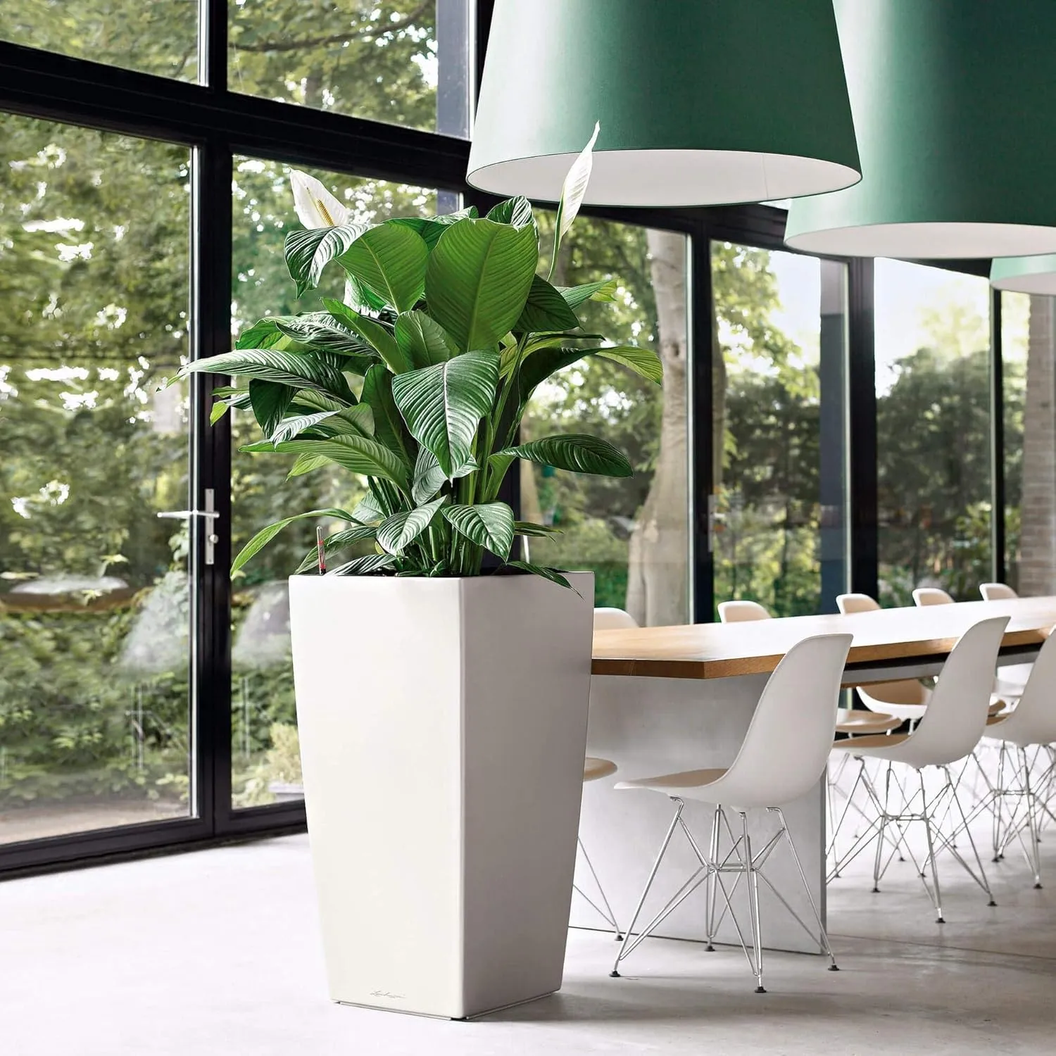 Lechuza CUBICO 50 Self Watering Planter Large Garden Flower Plant Pot Indoor/Outdoor Floor Planter with Drainage Hole and Plant Substrate Poly Resin H95 L50 W50 cm White High-Gloss