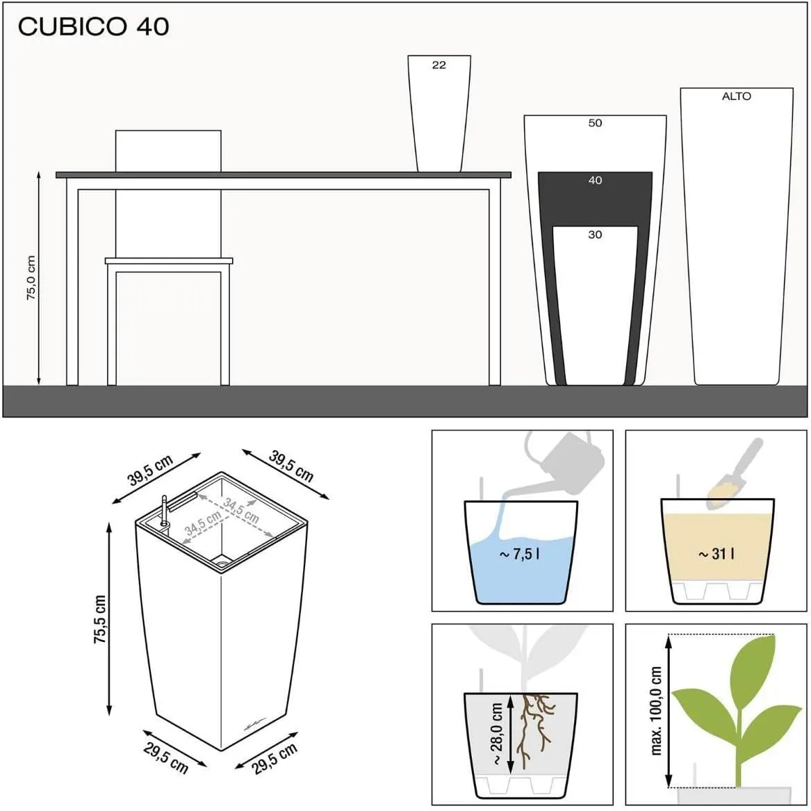 Lechuza CUBICO Premium 40 Black high Gloss 18196