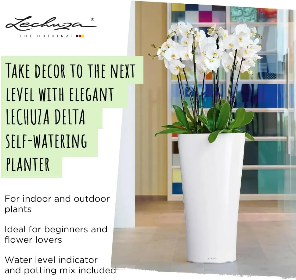Lechuza Delta 30 Self Watering Planter Large Garden Flower Plant Pot Indoor/Outdoor Floor Planter with Drainage Hole and Plant Substrate Poly Resin D30 H56 cm White High-Gloss